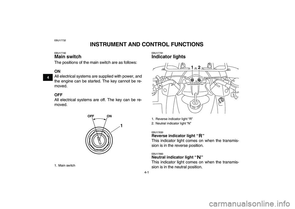 YAMAHA GRIZZLY 125 2009 Owners Manual
4-1
1
2
34
5
6
7
8
9
10
11
EBU17732
INSTRUMENT AND CONTROL FUNCTIONS
EBU17740
Main switch
The positions of the main switch are as follows:
ON
All electrical systems are supplied with power YAMAHA GRIZZLY 125 2009 Owners Manual
4-1
1
2
34
5
6
7
8
9
10
11
EBU17732
INSTRUMENT AND CONTROL FUNCTIONS
EBU17740
Main switch
The positions of the main switch are as follows:
ON
All electrical systems are supplied with power