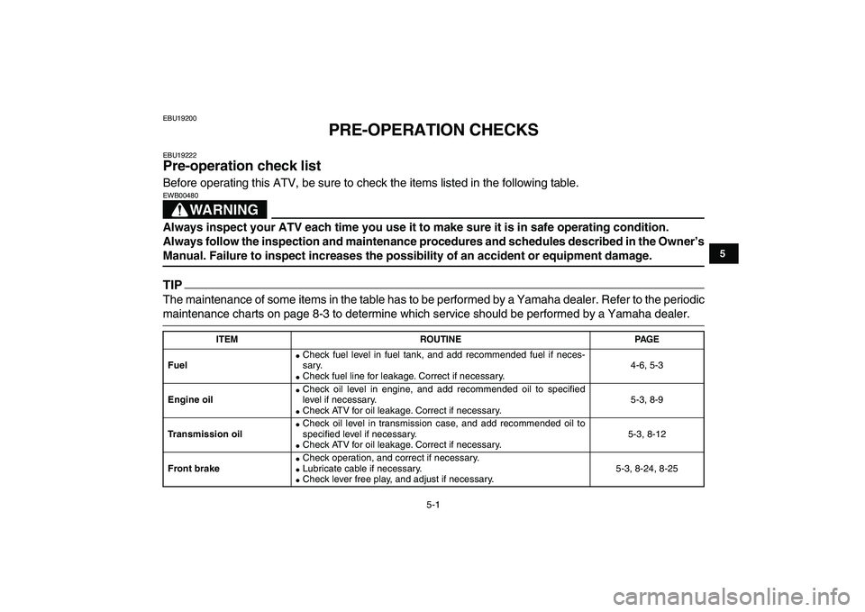YAMAHA GRIZZLY 125 2009 Owners Guide  
5-1 
1
2
3
45
6
7
8
9
10
11
 
EBU19200 
PRE-OPERATION CHECKS 
EBU19222 
Pre-operation check list  
Before operating this ATV, be sure to check the items listed in the following table.
WARNING
 
EWB0