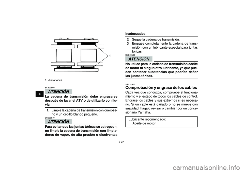 YAMAHA GRIZZLY 125 2009  Manuale de Empleo (in Spanish)  
8-37 
1
2
3
4
5
6
78
9
10
11
ATENCIÓN 
 
SCB00560  
La cadena de transmisión debe engrasarse
después de lavar el ATV o de utilizarlo con llu- 
via. 
1. Limpie la cadena de transmisión con queros