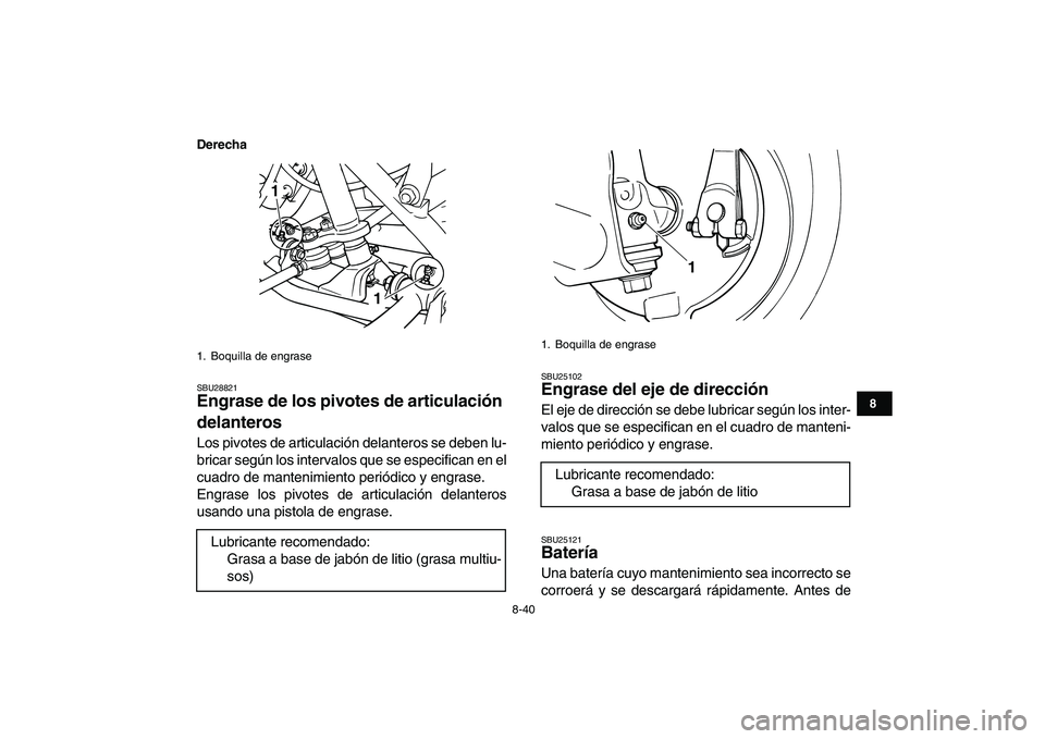 YAMAHA GRIZZLY 125 2009  Manuale de Empleo (in Spanish)  
8-40 
1
2
3
4
5
6
78
9
10
11
Derecha
 
SBU28821 
Engrase de los pivotes de articulación 
delanteros  
Los pivotes de articulación delanteros se deben lu-
bricar según los intervalos que se especi