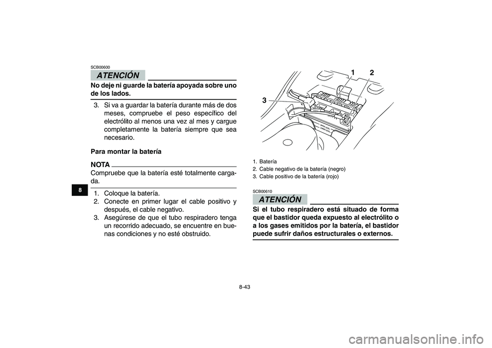YAMAHA GRIZZLY 125 2009  Manuale de Empleo (in Spanish)  
8-43 
1
2
3
4
5
6
78
9
10
11
ATENCIÓN 
 
SCB00600  
No deje ni guarde la batería apoyada sobre uno 
de los lados. 
3. Si va a guardar la batería durante más de dos
meses, compruebe el peso espec