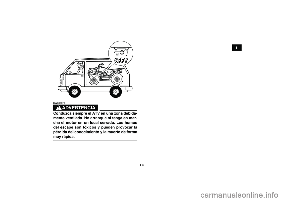 YAMAHA GRIZZLY 125 2009  Manuale de Empleo (in Spanish)  
1-5 
1
2
3
4
5
6
7
8
9
10
11
ADVERTENCIA
 
SWB00070  
Conduzca siempre el ATV en una zona debida-
mente ventilada. No arranque ni tenga en mar-
cha el motor en un local cerrado. Los humos
del escape