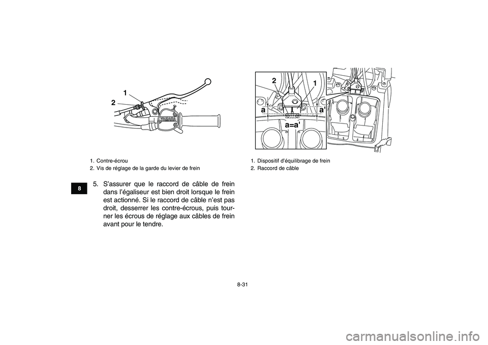 YAMAHA GRIZZLY 125 2009 Notices Demploi (in French)
8-31
1
2
3
4
5
6
78
9
10
11
5. S’assurer que le raccord de câble de frein
dans l’égaliseur est bien droit lorsque le frein
est actionné. Si le raccord de câble n’est pas
droit, desserre YAMAHA GRIZZLY 125 2009 Notices Demploi (in French)
8-31
1
2
3
4
5
6
78
9
10
11
5. S’assurer que le raccord de câble de frein
dans l’égaliseur est bien droit lorsque le frein
est actionné. Si le raccord de câble n’est pas
droit, desserre