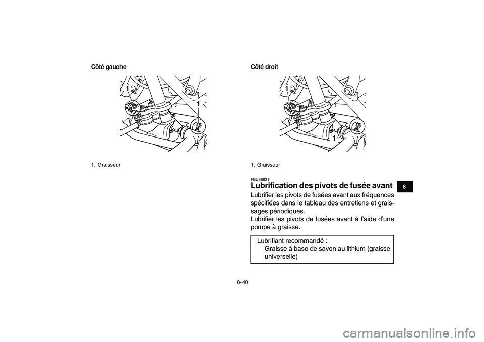 YAMAHA GRIZZLY 125 2009  Notices Demploi (in French)  
8-40 
1
2
3
4
5
6
78
9
10
11
Côté gauche Côté droit
 
FBU28821 
Lubrification des pivots de fusée avant  
Lubrifier les pivots de fusées avant aux fréquences
spécifiées dans le tableau des 