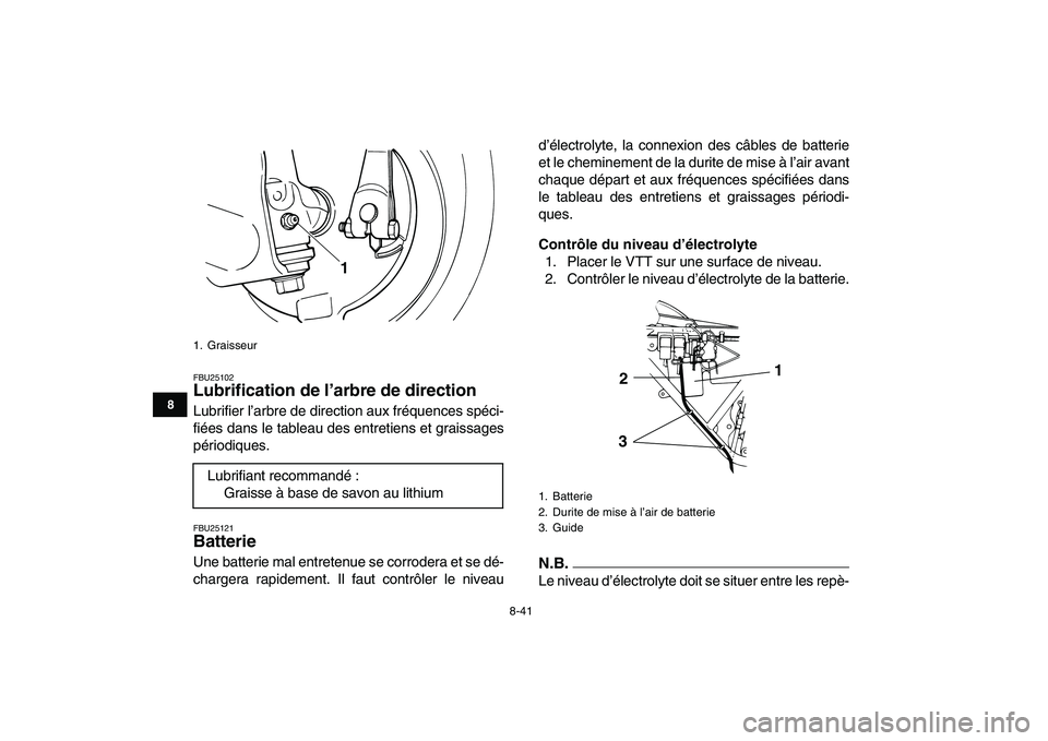 YAMAHA GRIZZLY 125 2009 Notices Demploi (in French)
8-41
1
2
3
4
5
6
78
9
10
11
FBU25102
Lubrification de l’arbre de direction
Lubrifier l’arbre de direction aux fréquences spéci-
fiées dans le tableau des entretiens et graissages
pério YAMAHA GRIZZLY 125 2009 Notices Demploi (in French)
8-41
1
2
3
4
5
6
78
9
10
11
FBU25102
Lubrification de l’arbre de direction
Lubrifier l’arbre de direction aux fréquences spéci-
fiées dans le tableau des entretiens et graissages
pério