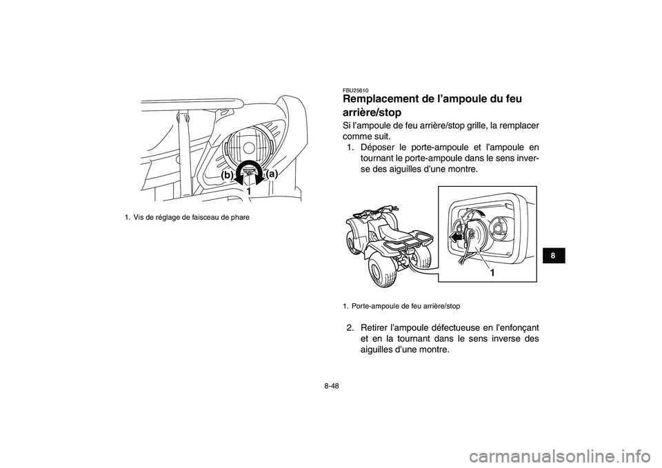 YAMAHA GRIZZLY 125 2009 Notices Demploi (in French)
8-48
1
2
3
4
5
6
78
9
10
11
FBU25610
Remplacement de l’ampoule du feu
arrière/stop
Si l’ampoule de feu arrière/stop grille, la remplacer
comme suit.
1. Déposer le porte-ampoule et l’ YAMAHA GRIZZLY 125 2009 Notices Demploi (in French)
8-48
1
2
3
4
5
6
78
9
10
11
FBU25610
Remplacement de l’ampoule du feu
arrière/stop
Si l’ampoule de feu arrière/stop grille, la remplacer
comme suit.
1. Déposer le porte-ampoule et l’