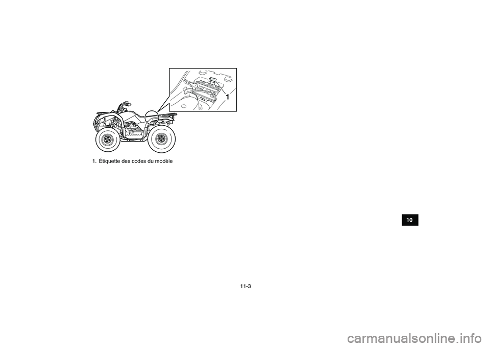 YAMAHA GRIZZLY 125 2009 Notices Demploi (in French)
11-3
1
2
3
4
5
6
7
8
910
11
1. Étiquette des codes du modèle
1 YAMAHA GRIZZLY 125 2009 Notices Demploi (in French)
11-3
1
2
3
4
5
6
7
8
910
11
1. Étiquette des codes du modèle
1