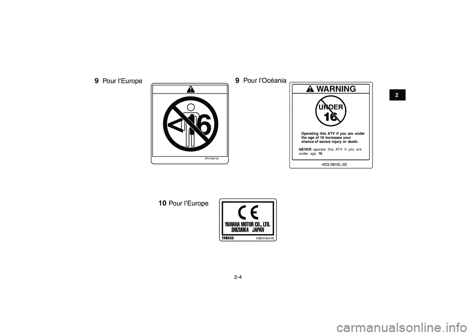 YAMAHA GRIZZLY 125 2009  Notices Demploi (in French)  
2-4 
12
3
4
5
6
7
8
9
10
11
<
16
5FK-21697-00
Pour l’EuropePour l’Océania
YAMAHA MOTOR CO., LTD.
SHIZUOKA   JAPANp
4GB-2155A-00
Pour l’Europe
99
10 
4D3-2816L-00
Operating this ATV if you are