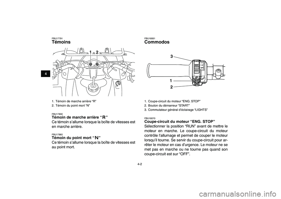YAMAHA GRIZZLY 125 2009  Notices Demploi (in French)  
4-2 
1
2
34
5
6
7
8
9
10
11
 
FBU17791 
Témoins  
FBU17830 
Témoin de marche arrière “”  
Ce témoin s’allume lorsque la boîte de vitesses est
en marche arrière. 
FBU17860 
Témoin du poi