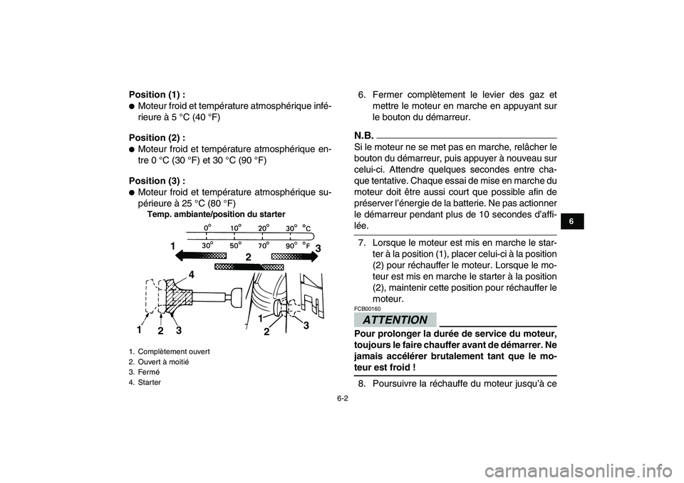 YAMAHA GRIZZLY 125 2009  Notices Demploi (in French)  
6-2 
1
2
3
4
56
7
8
9
10
11
 
Position (1) : 
 
Moteur froid et température atmosphérique infé-
rieure à 5 °C (40 °F) 
Position (2) : 
 
Moteur froid et température atmosphérique en-
tre 0