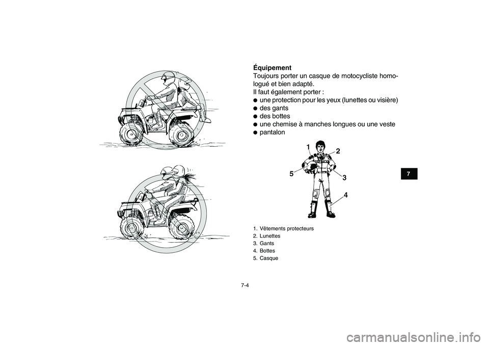 YAMAHA GRIZZLY 125 2009  Notices Demploi (in French)  
7-4 
1
2
3
4
5
67
8
9
10
11
 
Équipement  
Toujours porter un casque de motocycliste homo-
logué et bien adapté.
Il faut également porter : 
 
une protection pour les yeux (lunettes ou visière