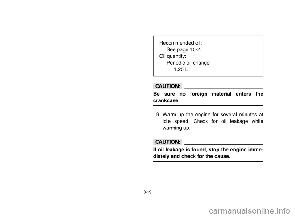 YAMAHA GRIZZLY 125 2005  Owners Manual 8-19
cC
Be sure no foreign material enters the
crankcase.
9. Warm up the engine for several minutes at
idle speed. Check for oil leakage while
warming up.
cC
If oil leakage is found, stop the engine i