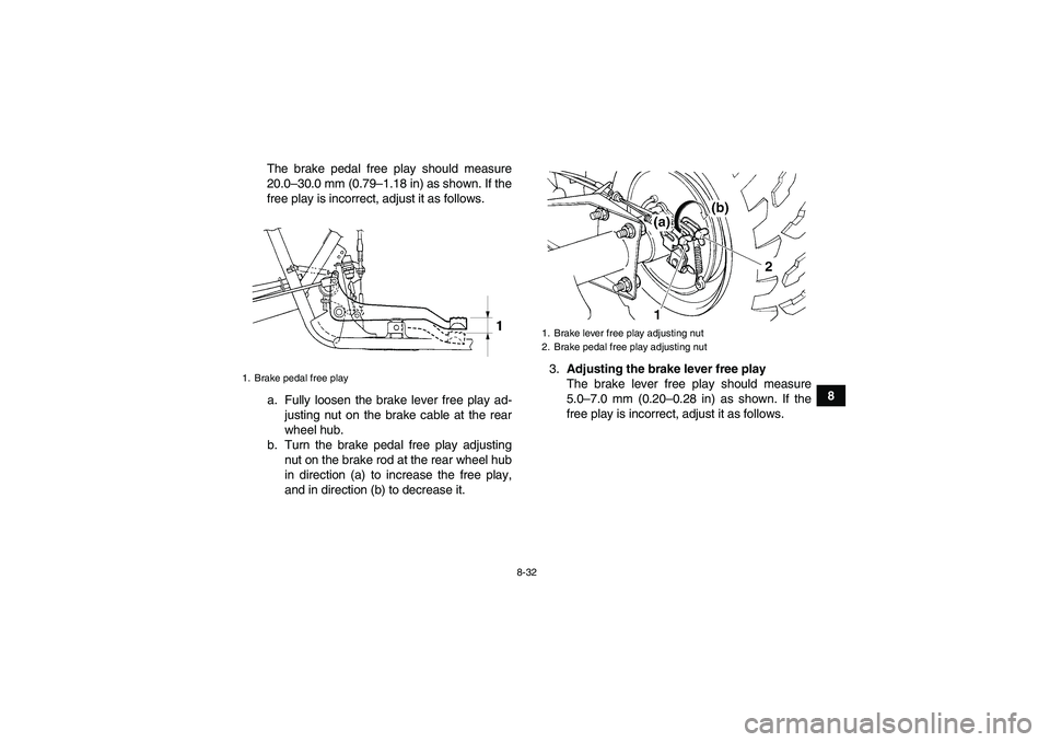 YAMAHA GRIZZLY 250 2011  Owners Manual 8-32
8 The brake pedal free play should measure
20.0–30.0 mm (0.79–1.18 in) as shown. If the
free play is incorrect, adjust it as follows.
a. Fully loosen the brake lever free play ad-
justing nut