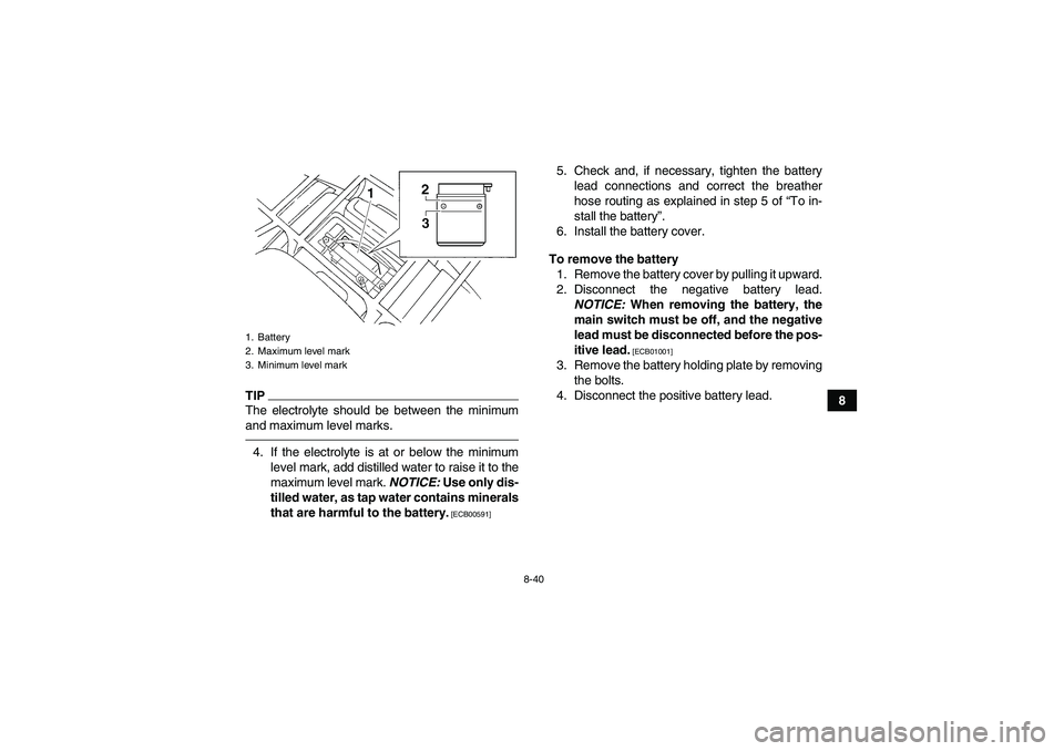 YAMAHA GRIZZLY 250 2011  Owners Manual 8-40
8
TIPThe electrolyte should be between the minimum
and maximum level marks.4. If the electrolyte is at or below the minimum
level mark, add distilled water to raise it to the
maximum level mark. 