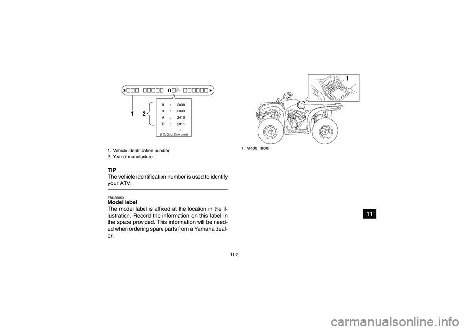 YAMAHA GRIZZLY 250 2011  Owners Manual 11-2
11
TIPThe vehicle identification number is used to identify
your ATV.EBU26050Model label 
The model label is affixed at the location in the il-
lustration. Record the information on this label in