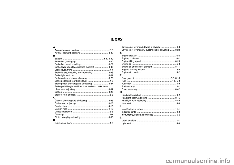 YAMAHA GRIZZLY 250 2011  Owners Manual INDEX
AAccessories and loading  ................................................ 6-8
Air filter element, cleaning  ............................................ 8-20BBattery ...........................