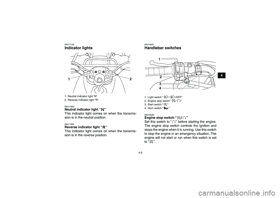 YAMAHA GRIZZLY 250 2011 Owners Manual 4-2
4
EBU17793Indicator lights EBU17860Neutral indicator light“” 
This indicator light comes on when the transmis-
sion is in the neutral position.EBU17830Reverse indicator light“” 
This indic