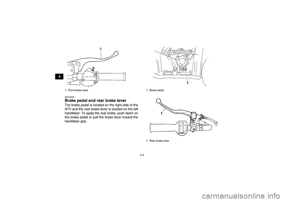 YAMAHA GRIZZLY 250 2011 Owners Manual 4-5
4
EBU18442Brake pedal and rear brake lever The brake pedal is located on the right side of the
ATV and the rear brake lever is located on the left
handlebar. To apply the rear brake, push down on
