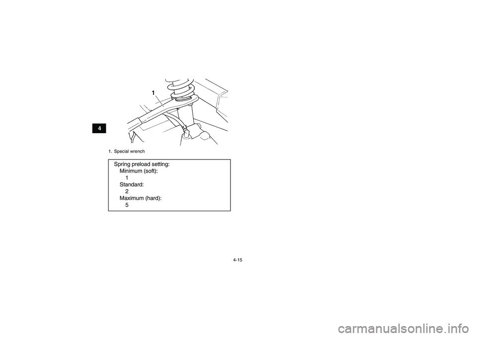 YAMAHA GRIZZLY 250 2011 Owners Guide 4-15
4
1. Special wrenchSpring preload setting:
Minimum (soft):
1
Standard:
2
Maximum (hard):
5
U1P066E0.book  Page 15  Thursday, August 5, 2010  4:15 PM 