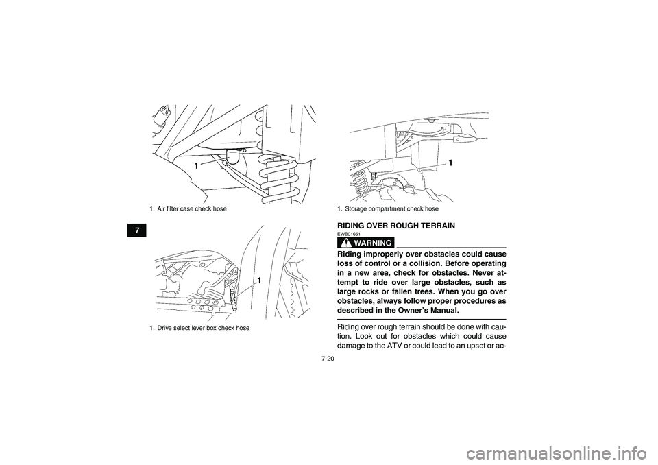 YAMAHA GRIZZLY 250 2011 Manual PDF 7-20
7RIDING OVER ROUGH TERRAIN
WARNING
EWB01651Riding improperly over obstacles could cause
loss of control or a collision. Before operating
in a new area, check for obstacles. Never at-
tempt to rid