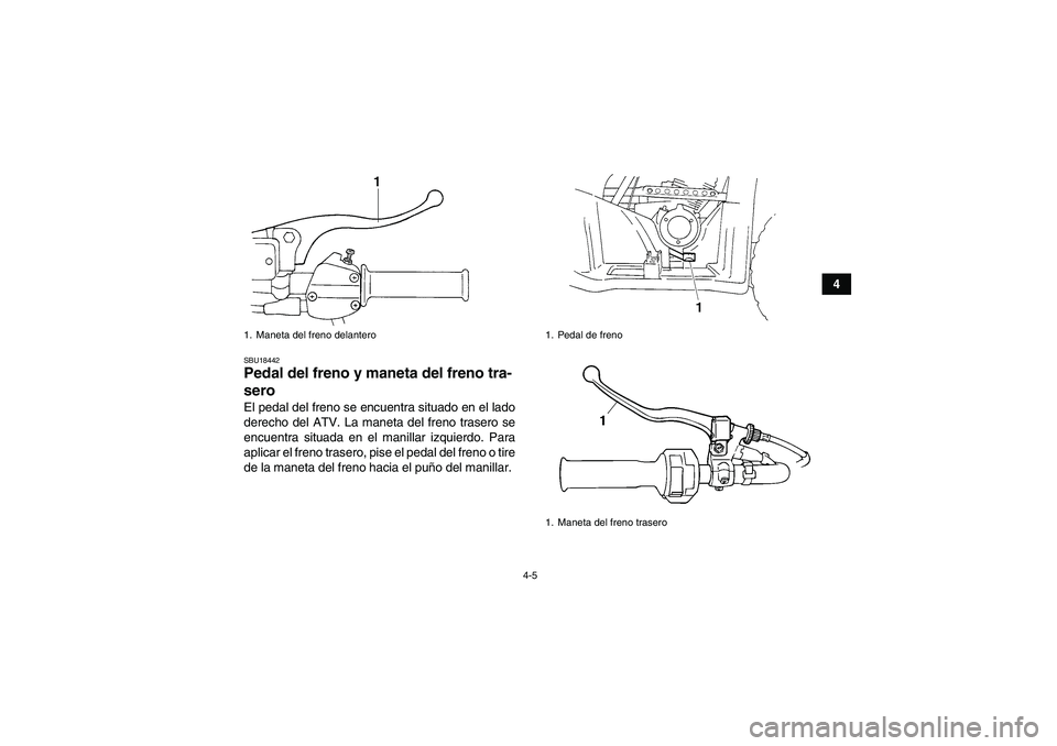 YAMAHA GRIZZLY 250 2011  Manuale de Empleo (in Spanish) 4-5
4
SBU18442Pedal del freno y maneta del freno tra-
sero El pedal del freno se encuentra situado en el lado
derecho del ATV. La maneta del freno trasero se
encuentra situada en el manillar izquierdo