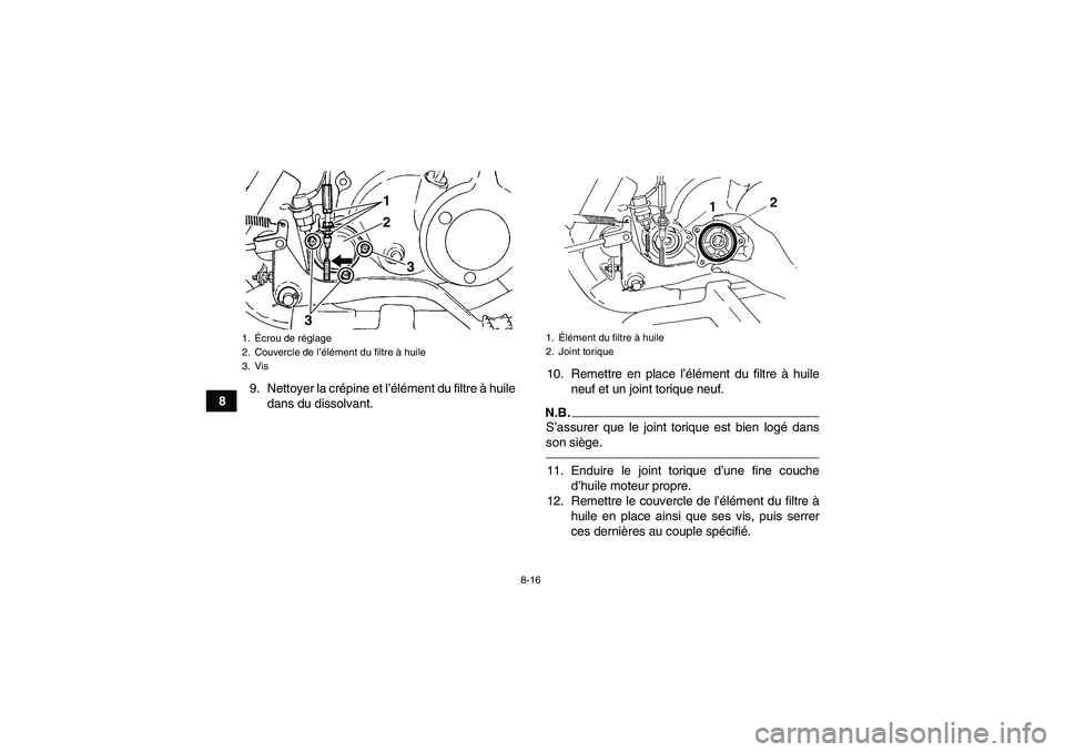YAMAHA GRIZZLY 250 2011  Notices Demploi (in French) 8-16
89. Nettoyer la crépine et l’élément du filtre à huile
dans du dissolvant.10. Remettre en place l’élément du filtre à huile
neuf et un joint torique neuf.
N.B.S’assurer que le joint 