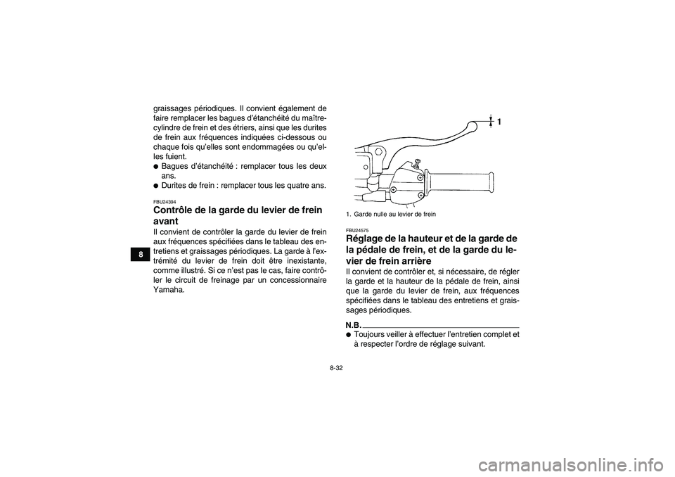 YAMAHA GRIZZLY 250 2011  Notices Demploi (in French) 8-32
8graissages périodiques. Il convient également de
faire remplacer les bagues d’étanchéité du maître-
cylindre de frein et des étriers, ainsi que les durites
de frein aux fréquences indi