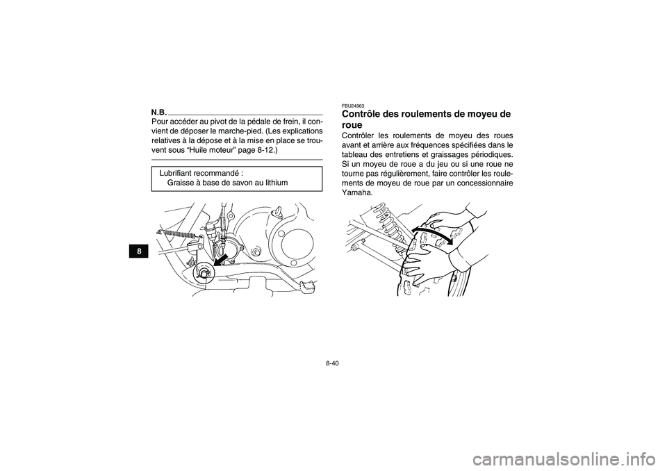 YAMAHA GRIZZLY 250 2011  Notices Demploi (in French) 8-40
8
N.B.Pour accéder au pivot de la pédale de frein, il con-
vient de déposer le marche-pied. (Les explications
relatives à la dépose et à la mise en place se trou-
vent sous “Huile moteur