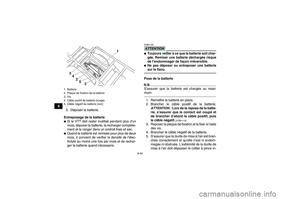 YAMAHA GRIZZLY 250 2011  Notices Demploi (in French) 8-44
8
5. Déposer la batterie.
Entreposage de la batterie
Si le VTT doit rester inutilisé pendant plus d’un
mois, déposer la batterie, la recharger complète-
ment et la ranger dans un endroit f