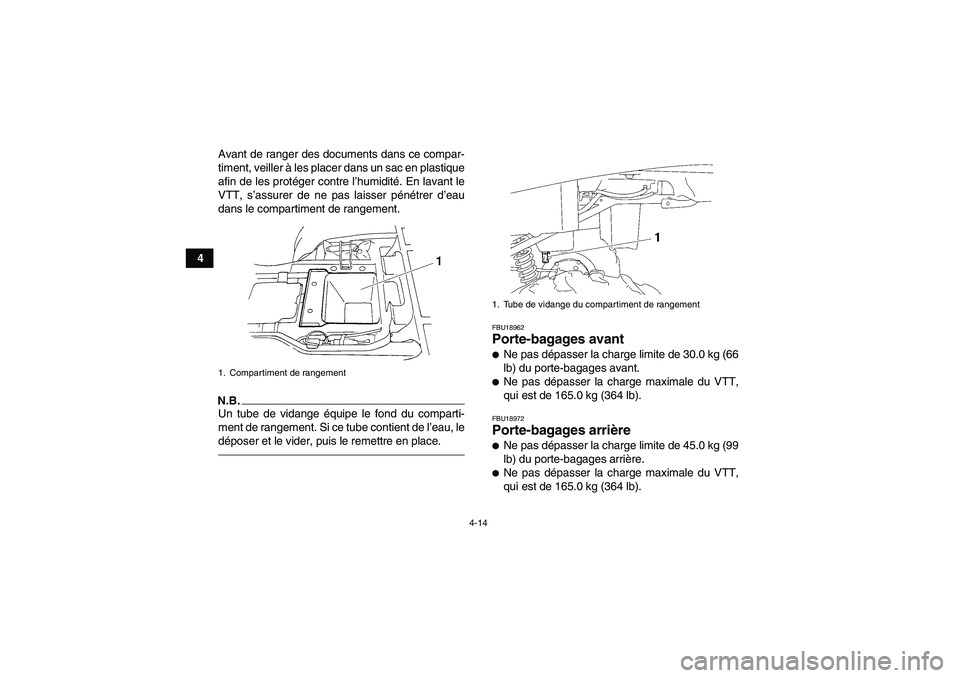 YAMAHA GRIZZLY 250 2011 Notices Demploi (in French) 4-14
4Avant de ranger des documents dans ce compar-
timent, veiller à les placer dans un sac en plastique
afin de les protéger contre l’humidité. En lavant le
VTT, s’assurer de ne pas laisser p YAMAHA GRIZZLY 250 2011 Notices Demploi (in French) 4-14
4Avant de ranger des documents dans ce compar-
timent, veiller à les placer dans un sac en plastique
afin de les protéger contre l’humidité. En lavant le
VTT, s’assurer de ne pas laisser p