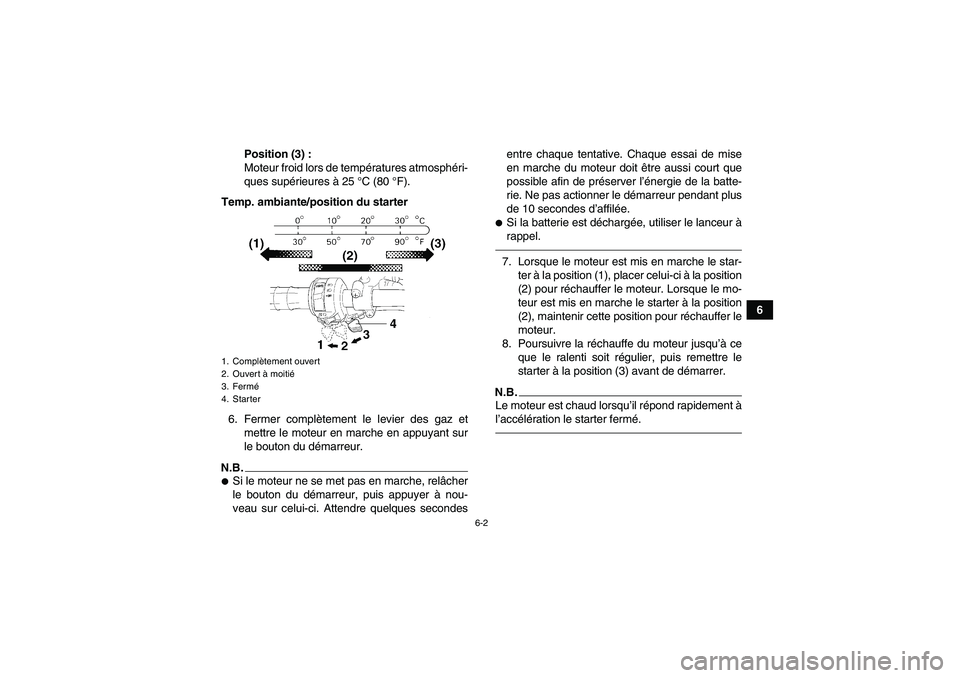 YAMAHA GRIZZLY 250 2011  Notices Demploi (in French) 6-2
6 Position (3) :
Moteur froid lors de températures atmosphéri-
ques supérieures à 25 °C (80 °F).
Temp. ambiante/position du starter
6. Fermer complètement le levier des gaz et
mettre le mot