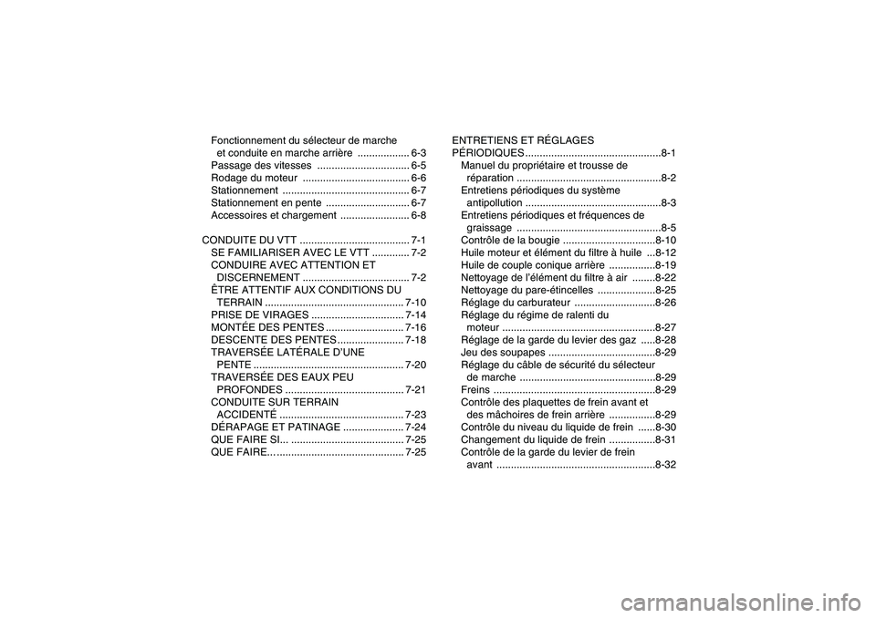 YAMAHA GRIZZLY 250 2011  Notices Demploi (in French) Fonctionnement du sélecteur de marche 
et conduite en marche arrière .................. 6-3
Passage des vitesses  ................................ 6-5
Rodage du moteur  .............................