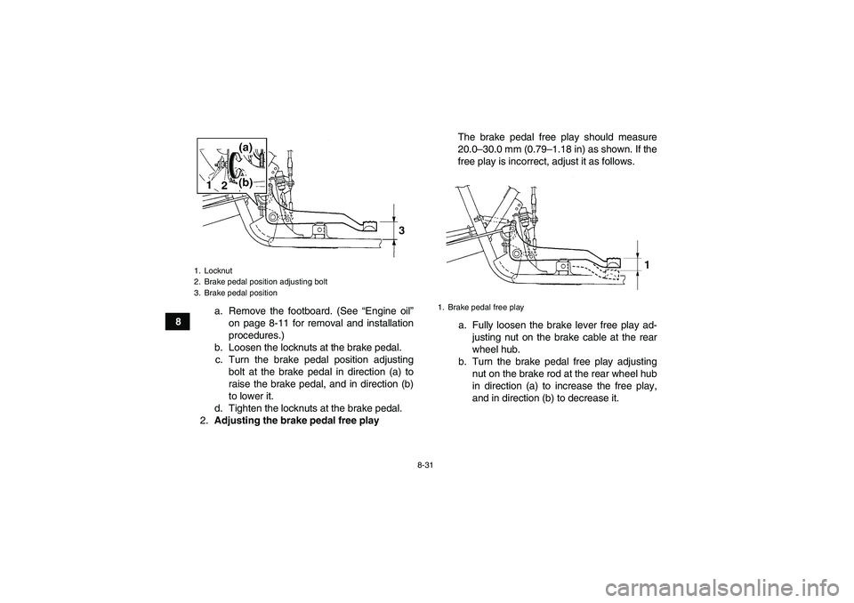 YAMAHA GRIZZLY 250 2010  Owners Manual 8-31
8a. Remove the footboard. (See “Engine oil”
on page 8-11 for removal and installation
procedures.)
b. Loosen the locknuts at the brake pedal.
c. Turn the brake pedal position adjusting
bolt a