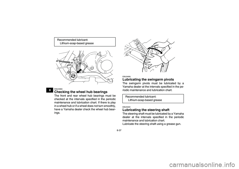 YAMAHA GRIZZLY 250 2010  Owners Manual 8-37
8
EBU24963Checking the wheel hub bearings The front and rear wheel hub bearings must be
checked at the intervals specified in the periodic
maintenance and lubrication chart. If there is play
in a