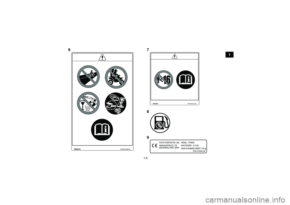 YAMAHA GRIZZLY 250 2010  Manuale de Empleo (in Spanish) 1-3
1
1P0-F816L-20
YEAR OF CONSTRUCTION : 2009
MODEL : YFM250
MAX.POWER : 12.2 kWMASS IN RUNNING ORDER : 216 kg
YAMAHA MOTOR CO., LTD.
2500 SHINGAI, IWATA, JAPAN
1P0-F155A-20
1P0-F816R-00
67
8
9
U1P06