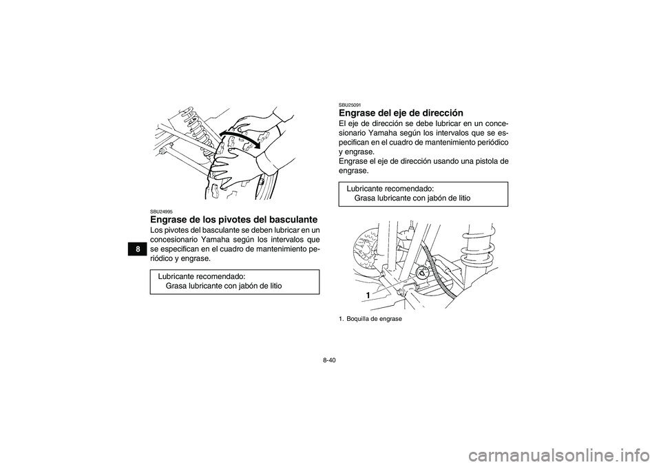YAMAHA GRIZZLY 250 2010  Manuale de Empleo (in Spanish) 8-40
8
SBU24995Engrase de los pivotes del basculante Los pivotes del basculante se deben lubricar en un
concesionario Yamaha según los intervalos que
se especifican en el cuadro de mantenimiento pe-
