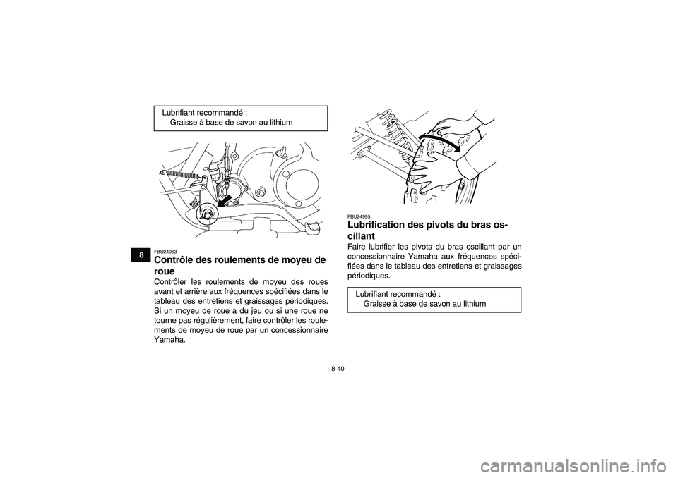 YAMAHA GRIZZLY 250 2010  Notices Demploi (in French) 8-40
8
FBU24963Contrôle des roulements de moyeu de 
roue Contrôler les roulements de moyeu des roues
avant et arrière aux fréquences spécifiées dans le
tableau des entretiens et graissages péri