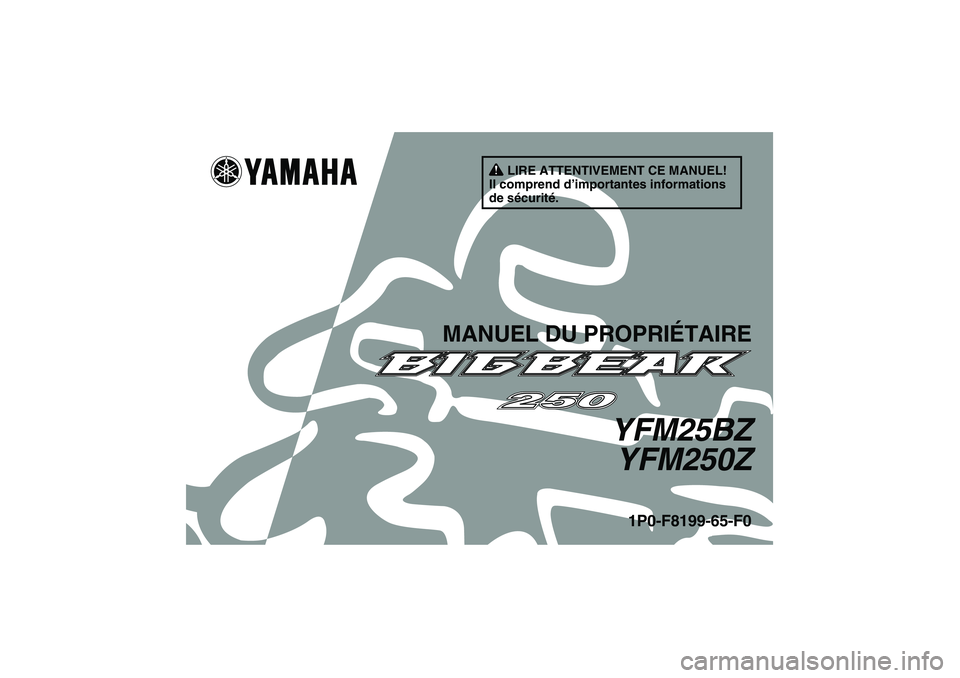 YAMAHA GRIZZLY 250 2010  Notices Demploi (in French) LIRE ATTENTIVEMENT CE MANUEL!
Il comprend d’importantes informations 
de sécurité.
MANUEL DU PROPRIÉTAIRE
YFM25BZ
YFM250Z
1P0-F8199-65-F0
U1P065F0.book  Page 1  Friday, August 28, 2009  10:07 AM 