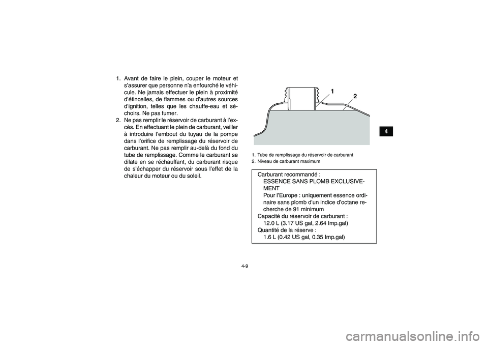 YAMAHA GRIZZLY 250 2010  Notices Demploi (in French) 4-9
4 1. Avant de faire le plein, couper le moteur et
s’assurer que personne n’a enfourché le véhi-
cule. Ne jamais effectuer le plein à proximité
d’étincelles, de flammes ou d’autres sou