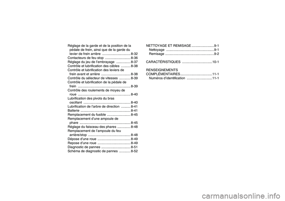 YAMAHA GRIZZLY 250 2010  Notices Demploi (in French) Réglage de la garde et de la position de la 
pédale de frein, ainsi que de la garde du 
levier de frein arrière .............................. 8-32
Contacteurs de feu stop  ........................