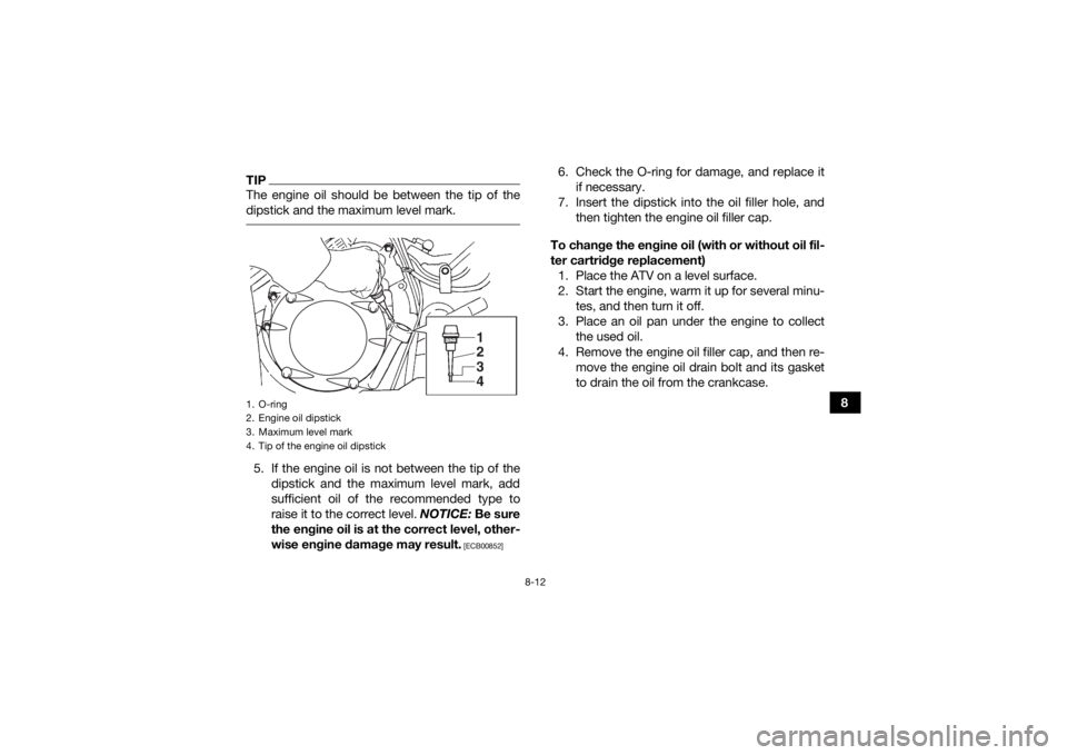YAMAHA GRIZZLY 350 2017 Owners Manual 8-12
8
TIPThe engine oil should be between the tip of the
dipstick and the maximum level mark. 5. If the engine oil is not between the tip of thedipstick and the maximum level mark, add
sufficient oil YAMAHA GRIZZLY 350 2017 Owners Manual 8-12
8
TIPThe engine oil should be between the tip of the
dipstick and the maximum level mark. 5. If the engine oil is not between the tip of thedipstick and the maximum level mark, add
sufficient oil