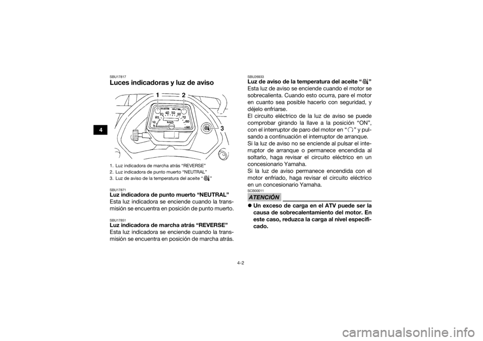 YAMAHA GRIZZLY 350 2017  Manuale de Empleo (in Spanish) 4-2
4
SBU17817Luces indicadoras y luz de avisoSBU17871Luz indicadora de punto muerto “NEUTRAL”
Esta luz indicadora se enciende cuando la trans-
misión se encuentra en posición de punto muerto.SB