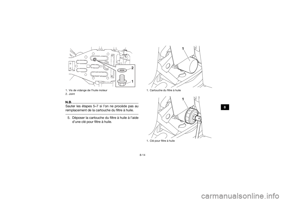 YAMAHA GRIZZLY 350 2016  Notices Demploi (in French) 8-14
8
N.B.Sauter les étapes 5–7 si l’on ne procède pas au
remplacement de la cartouche du filtre à huile. 5. Déposer la cartouche du filtre à huile à l’aided’une clé pour filtre à hui