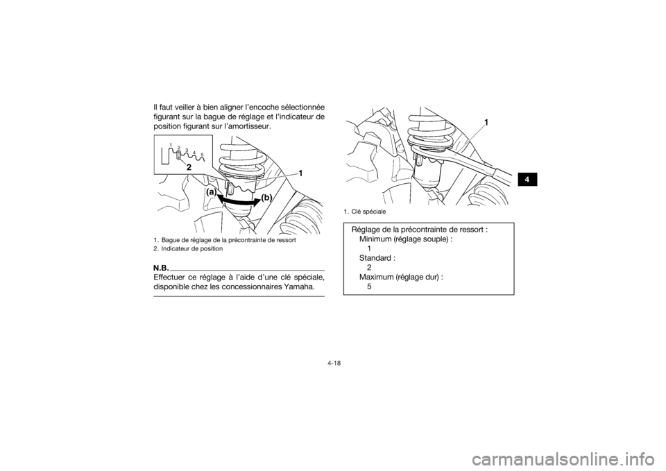 YAMAHA GRIZZLY 350 2016  Notices Demploi (in French) 4-18
4
Il faut veiller à bien aligner l’encoche sélectionnée
figurant sur la bague de réglage et l’indicateur de
position figurant sur l’amortisseur.
N.B.Effectuer ce réglage à l’aide d