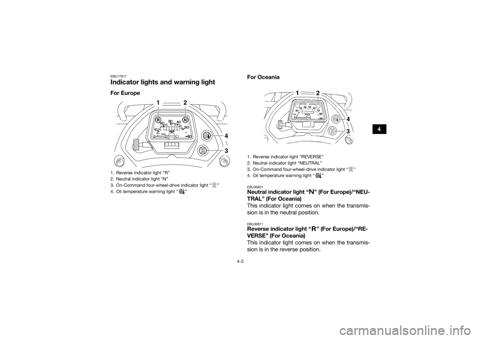 YAMAHA GRIZZLY 350 2015 Owners Manual 4-2
4
EBU17817Indicator lights and warning lightFor EuropeFor Oceania
EBU30821Neutral indicator light “ ” (For Europe)/“NEU-
TRAL” (For Oceania)
This indicator light comes on when the transmis YAMAHA GRIZZLY 350 2015 Owners Manual 4-2
4
EBU17817Indicator lights and warning lightFor EuropeFor Oceania
EBU30821Neutral indicator light “ ” (For Europe)/“NEU-
TRAL” (For Oceania)
This indicator light comes on when the transmis