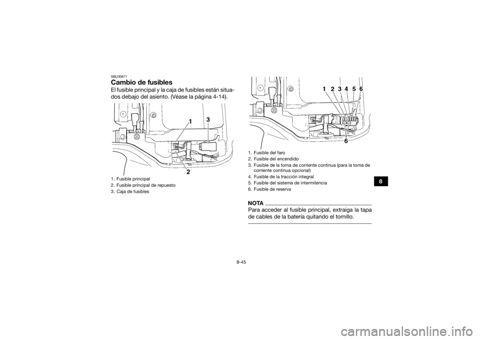 YAMAHA GRIZZLY 350 2015 Manuale de Empleo (in Spanish) 8-45
8
SBU30671Cambio de fusiblesEl fusible principal y la caja de fusibles están situa-
dos debajo del asiento. (Véase la página 4-14).
NOTAPara acceder al fusible principal, extraiga la tapa
de c YAMAHA GRIZZLY 350 2015 Manuale de Empleo (in Spanish) 8-45
8
SBU30671Cambio de fusiblesEl fusible principal y la caja de fusibles están situa-
dos debajo del asiento. (Véase la página 4-14).
NOTAPara acceder al fusible principal, extraiga la tapa
de c