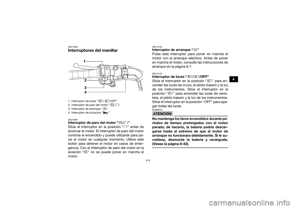 YAMAHA GRIZZLY 350 2015  Manuale de Empleo (in Spanish) 4-5
4
SBU18062Interruptores del manillarSBU18081Interruptor de paro del motor “ / ”
Sitúe el interruptor en la posición “ ” antes de
arrancar el motor. El interruptor de paro del motor
contr