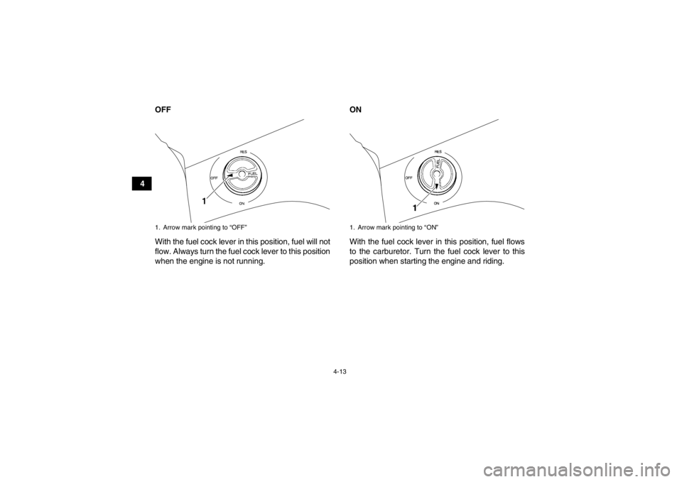YAMAHA GRIZZLY 350 2014 Owners Guide 4-13
4OFF
With the fuel cock lever in this position, fuel will not
flow. Always turn the fuel cock lever to this position
when the engine is not running. ON
With the fuel cock lever in this position, YAMAHA GRIZZLY 350 2014 Owners Guide 4-13
4OFF
With the fuel cock lever in this position, fuel will not
flow. Always turn the fuel cock lever to this position
when the engine is not running. ON
With the fuel cock lever in this position,