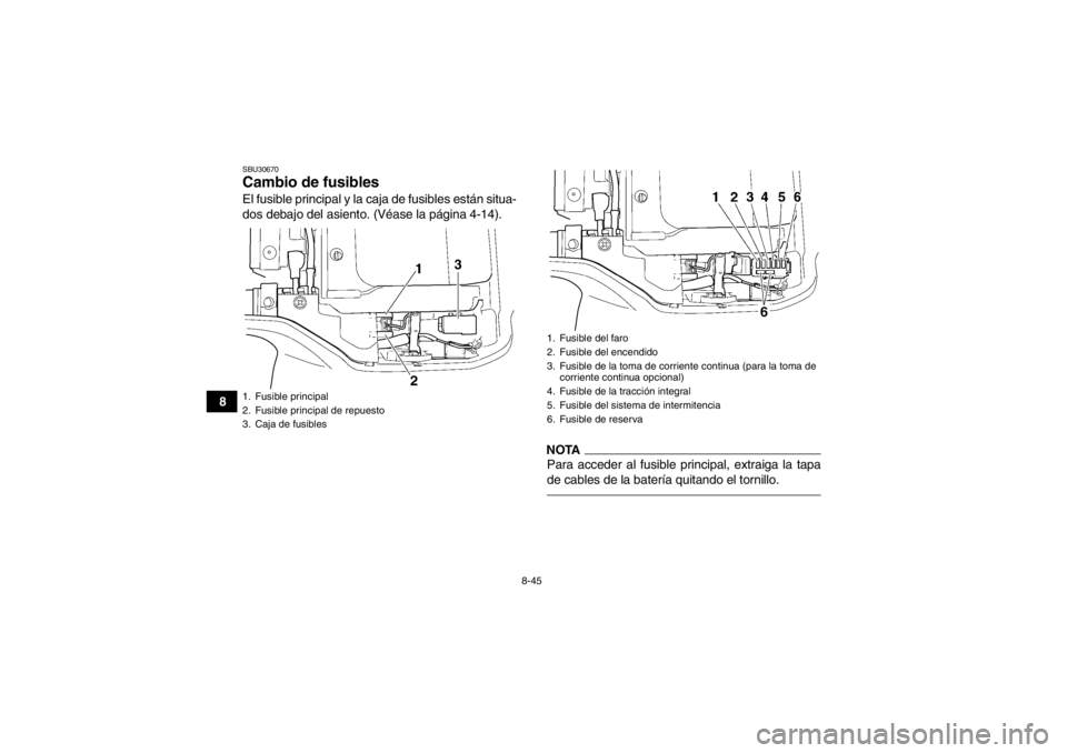 YAMAHA GRIZZLY 350 2014 Manuale de Empleo (in Spanish) 8-45
8
SBU30670Cambio de fusibles El fusible principal y la caja de fusibles están situa-
dos debajo del asiento. (Véase la página 4-14).
NOTAPara acceder al fusible principal, extraiga la tapa
de YAMAHA GRIZZLY 350 2014 Manuale de Empleo (in Spanish) 8-45
8
SBU30670Cambio de fusibles El fusible principal y la caja de fusibles están situa-
dos debajo del asiento. (Véase la página 4-14).
NOTAPara acceder al fusible principal, extraiga la tapa
de