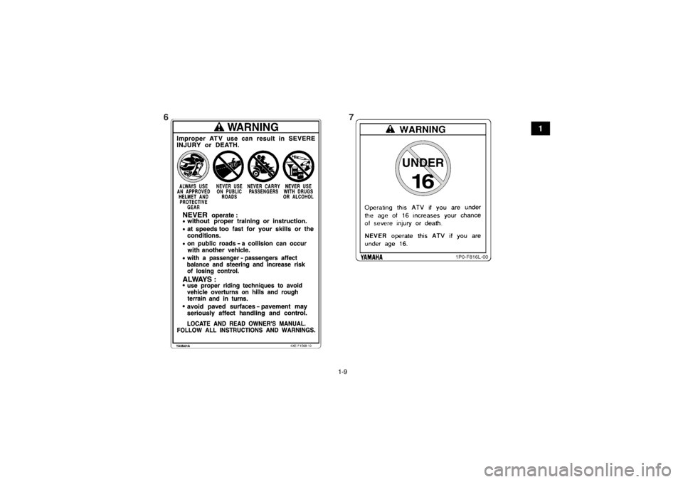 YAMAHA GRIZZLY 350 2014  Manuale de Empleo (in Spanish) 1-9
1
67
U1NS62S0.book  Page 9  Wednesday, April 10, 2013  8:50 AM 